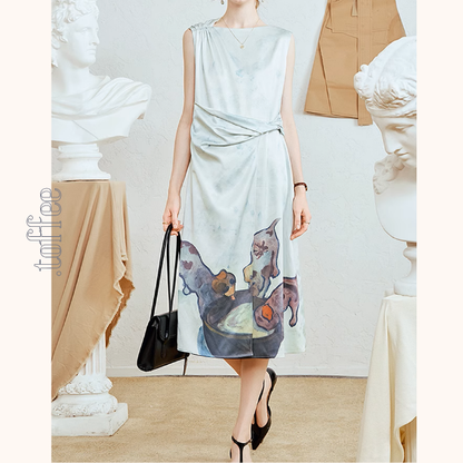 ミルクを飲む子犬プリントのノースリーブワンピース《Z00964》