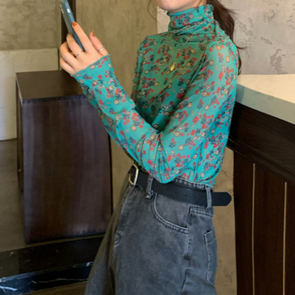 【5color】レトロな花柄シースルートップス Z00105