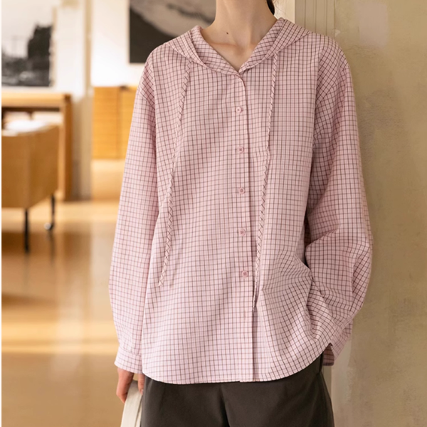 【2color】チェック柄フーディーシャツ《Z00978》