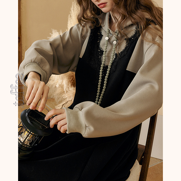 レイヤード風フード付きロングワンピース　Z00532