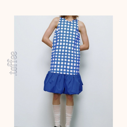 チェック切り替えバルーンワンピース　Z00412