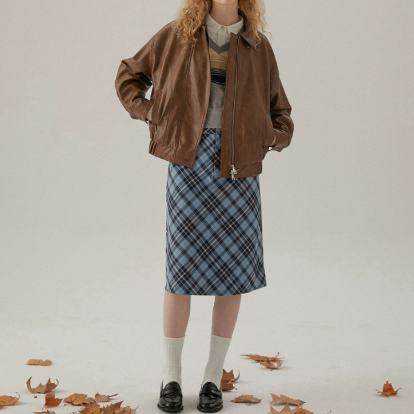 タータンチェックハイウエストミドル丈スカート X-440