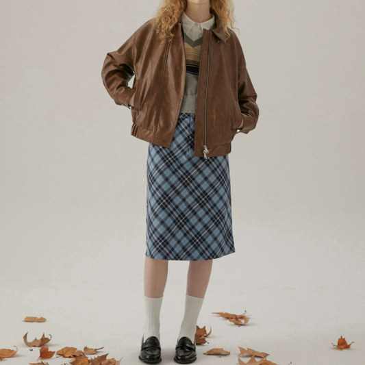 タータンチェックハイウエストミドル丈スカート X-440