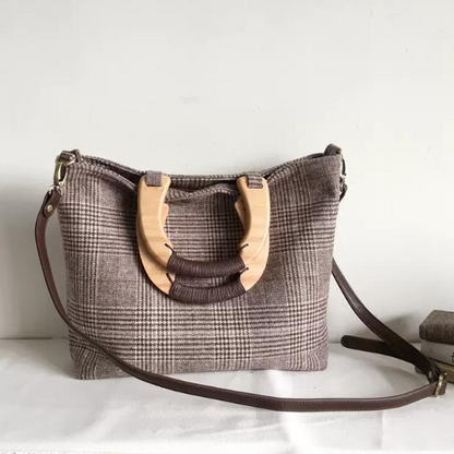 ウッドハンドルチェック柄バッグ w-054
