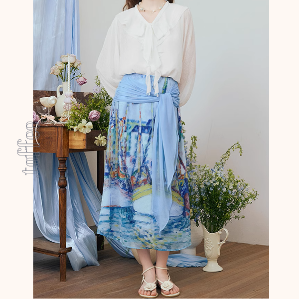 油絵プリントロングシフォンスカート《Z00974》