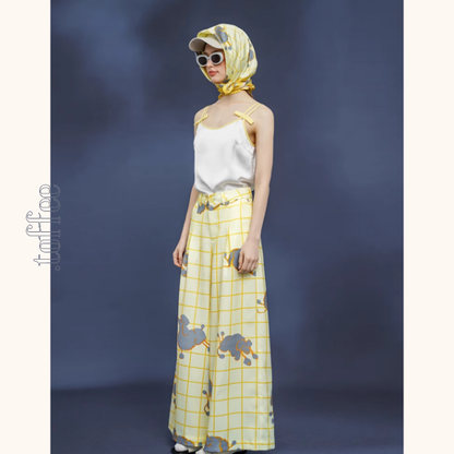 羊プリント　レモンイエローウィンドウチェック　シルキータッチ大判スカーフ C0147