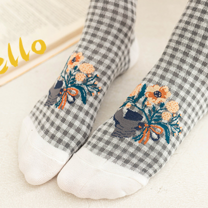 植物とハートモチーフのショートソックス5本セット Z00007