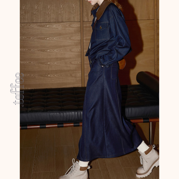 ジップジャケット＆フロントスリットロングスカートのデニムセットアップ　Z00475