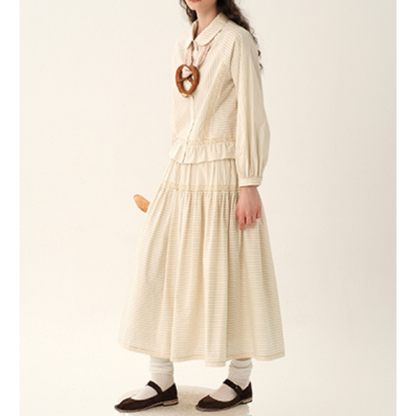 【2color】レトロストライプフリルヘムセットアップ X-263