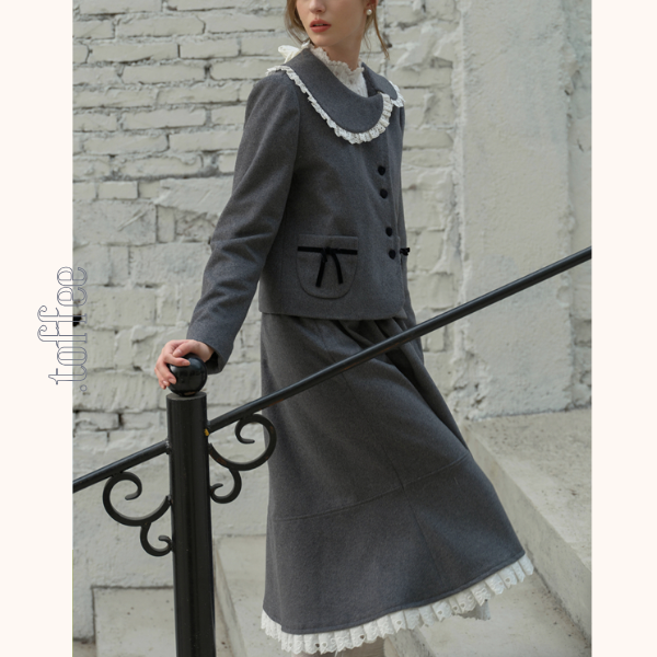 リボン＆レースジャケット＆Aラインミディ丈フレアスカートセットアップ　《Z00782》