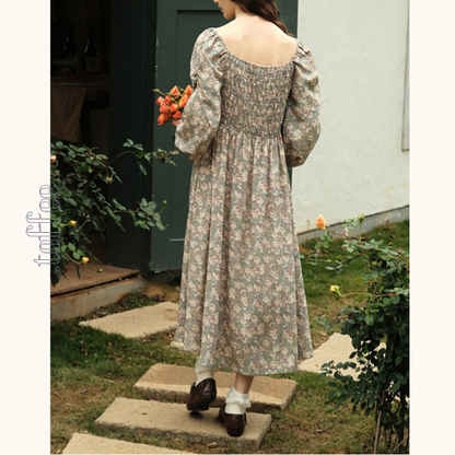 小花柄パフスリーブミモレ丈ワンピース　《Z00745》