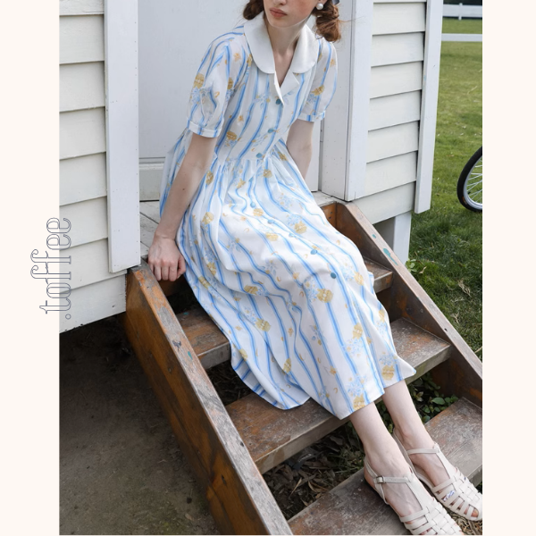 花柄＆ストライプフレンチシャツワンピース《Z00879》