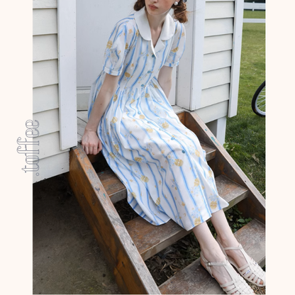 花柄＆ストライプフレンチシャツワンピース《Z00879》