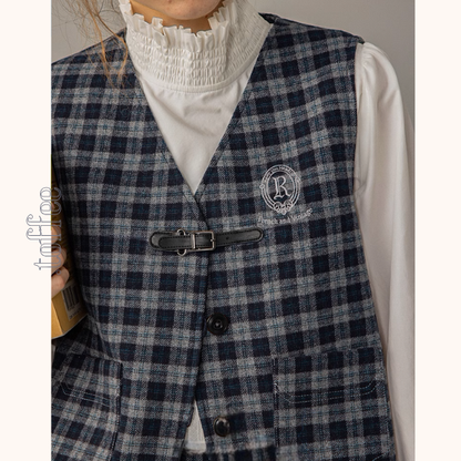 【2color】ベルトディテールチェック柄ベスト＆ロングプリーツスカートセットアップ《Z00856》