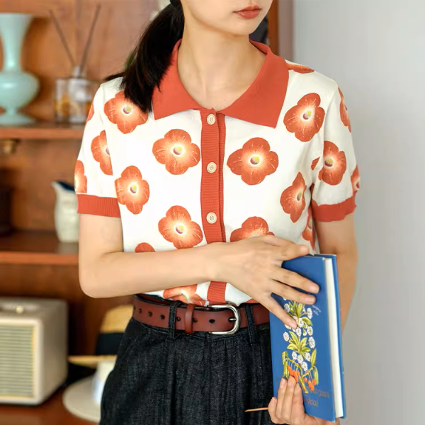 【2color】フラワープリントバイカラーポロシャツ《Z00981》