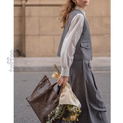 【3color】チェック柄リボン装飾ジレ＆ミモレ丈プリーツスカートセットアップ《Z00858》