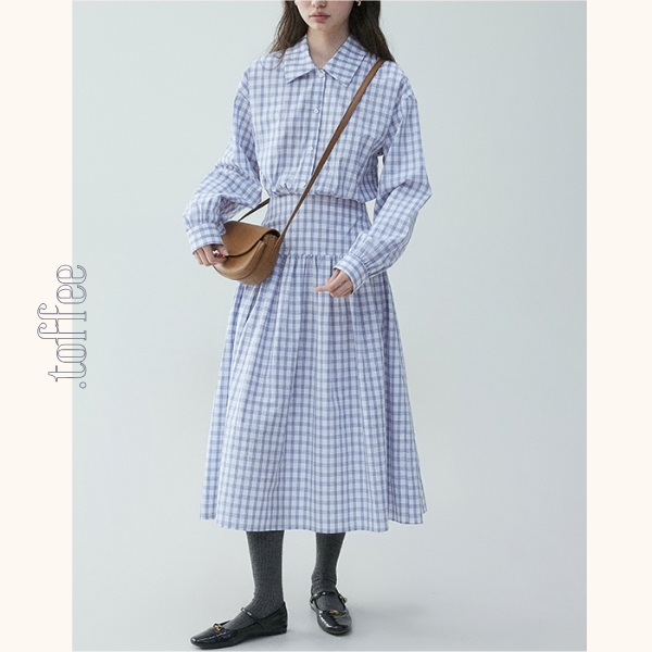 チェック柄Aラインロングシャツワンピース《Z00839》