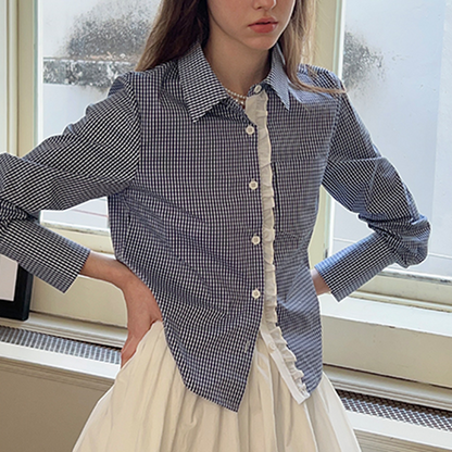 ギンガムチェック柄レースディテールシャツ　《Z00739》