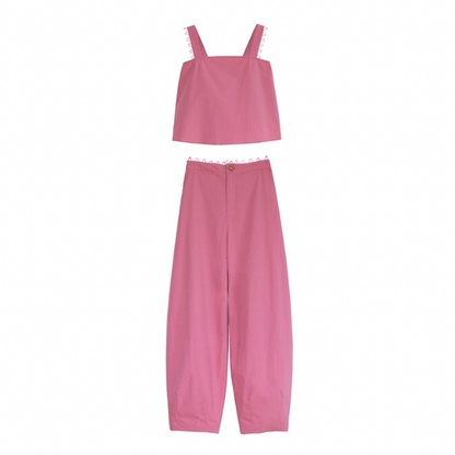 【2color】シンプルレースキャミソール＆ロングパンツのセットアップ Z00204