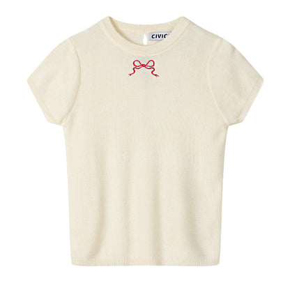 【4color】リボン半袖ニットトップ Z00285