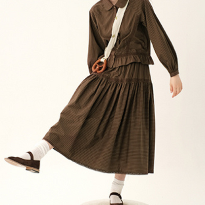 【2color】レトロストライプフリルヘムセットアップ X-263