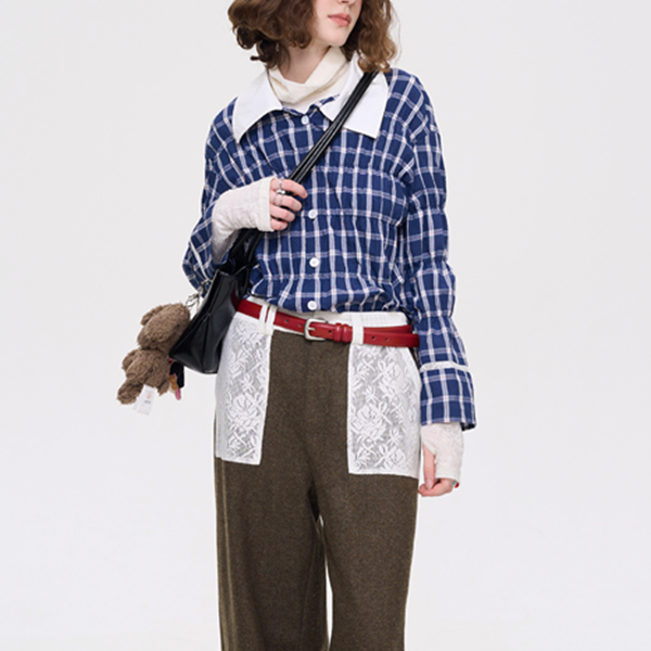 レースディテールチャック柄ブルーシャツ 《Z00636》