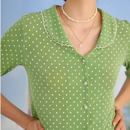 【2color】レトロ可愛いドット柄クロップドニット《Z01050》