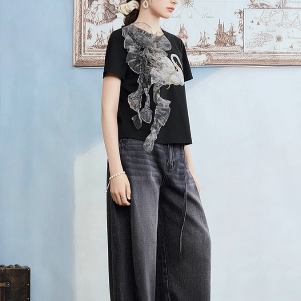 チュールリボンと水鳥プリントのブラックTシャツ《Z01060》