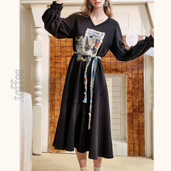 【2color】Vネックスウェットワンピース　《Z00683》