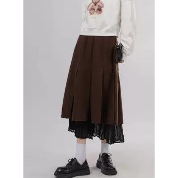 【3color】プリーツドッキングスカート X-014