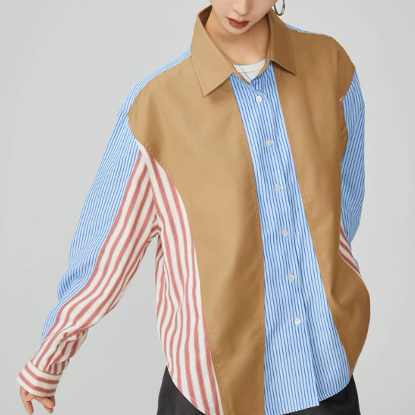 パッチワークストライプオーバーサイズロングスリーブシャツ《Z00951》