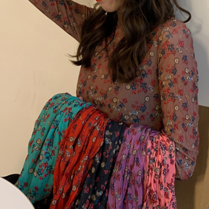 【5color】レトロな花柄シースルートップス Z00105