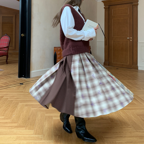 パッチワークプリーツロングスカート Z00106