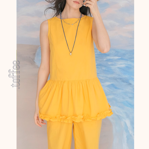 レースヘムペプラムノースリーブトップ＆ストレートパンツセットアップ 《Z00982》