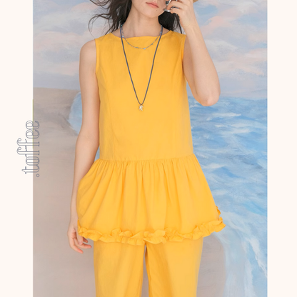 レースヘムペプラムノースリーブトップ＆ストレートパンツセットアップ 《Z00982》