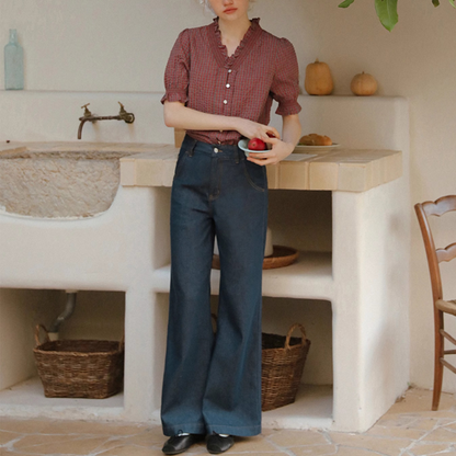 フリルネックチェック柄ブラウス《Z00822》