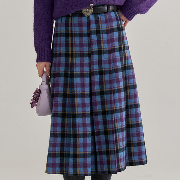ハイウエストチェック柄ミモレ丈スカート　《Z00656》