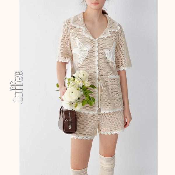 バードモチーフメッシュシャツ＆ショーパンツセットアップ《Z01014》