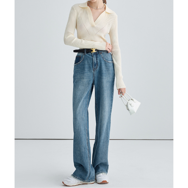 デニムブルーハイウエストワイドレッグジーンズ X-539