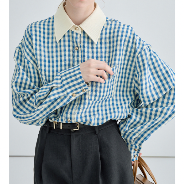 ギンガムチェックのクレリックシャツ X-288