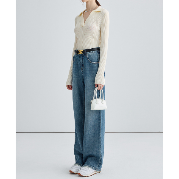 デニムブルーハイウエストワイドレッグジーンズ X-539