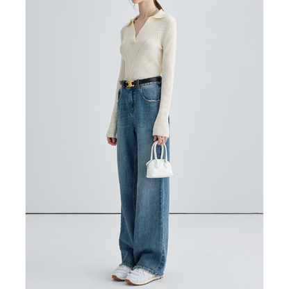 デニムブルーハイウエストワイドレッグジーンズ X-539