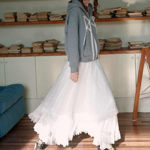 フリル＆メッシュホワイトロングスカート　Z00570