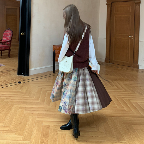 パッチワークプリーツロングスカート Z00106