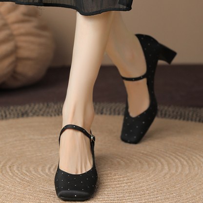 【2color】スクエアトゥチャンキーヒールドットパンプス X-536