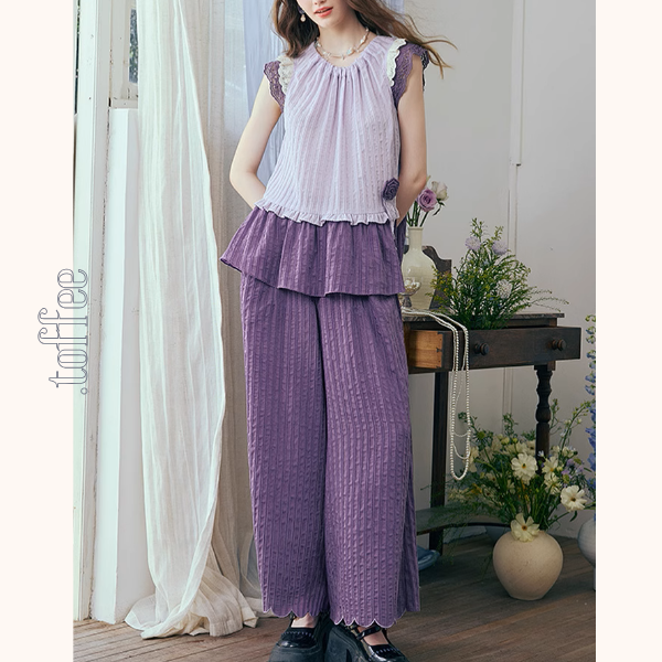 フリルスリーブトップ＆ワイドパンツセットアップ《Z00966》