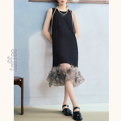 幻想チュールのノースリーブブラックワンピース《Z01061》