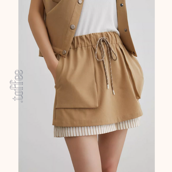 ストライプディテールレイヤード風ベスト＆ドローストリングハーフパンツセットアップ《Z00943》