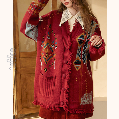 【2color】フリンジ付き北欧風ミドル丈カーディガン　《Z00671》