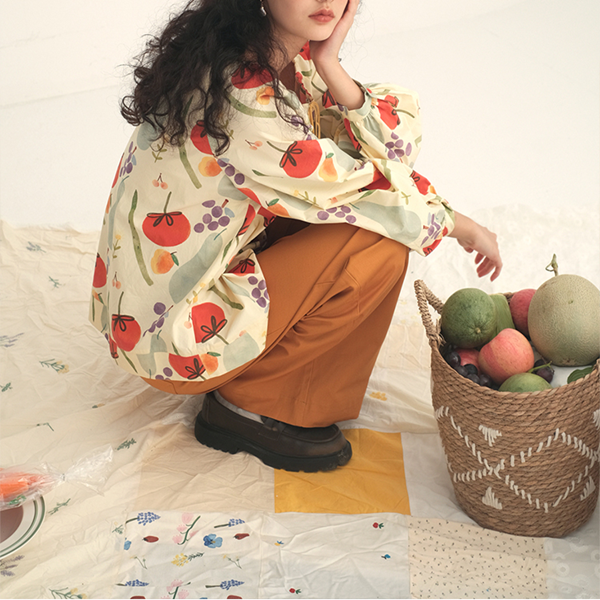 【2color】野菜と果物のコットンルーズプリントシャツ　Z00447